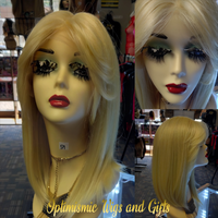 Blonde 613 wigs with bangs and complimentary eyelashes at Optimismic Wigs and Gifts.