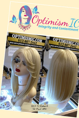 Blonde bob wigs for women near Minneapolis and St Paul at Optimismic Wigs and Gifts. Blonde synthetic glueless bob Wig with bangs $59 Optimismic Wigs and Gifts West St Paul MN