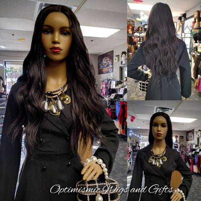 Black wigs that look real. Buy Black 28 inch 180 density Celeste wigs at Optimismic Wigs and Gifts. 