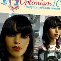 Human hair wigs with bangs at Minnesota wigs store Optimismic Wigs and Gifts . Black 14 inch Human Hair Wig bangs glueless 180 density $52 Optimismic Wigs and Gifts West St Paul MN