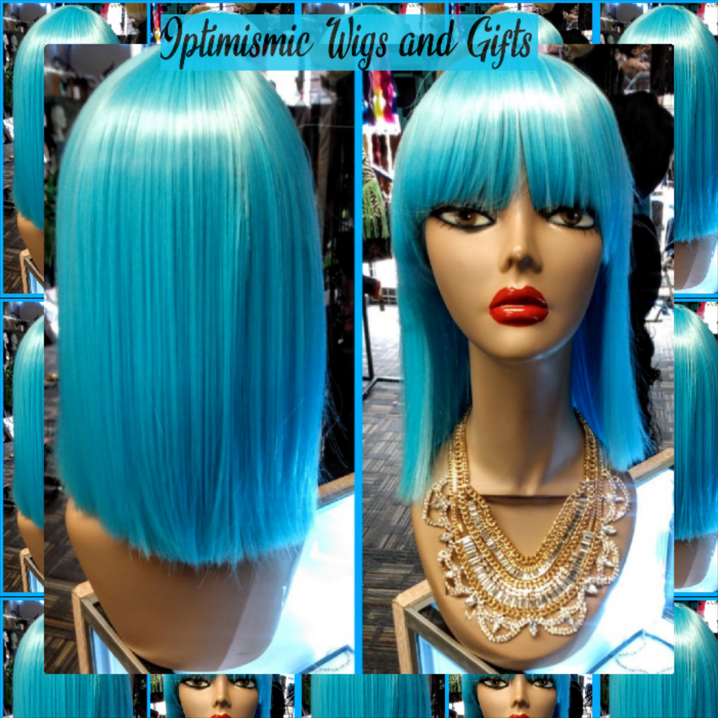 Electric Blue Wig at Optimismic Wigs and Gifts. Wig shopping near me. 