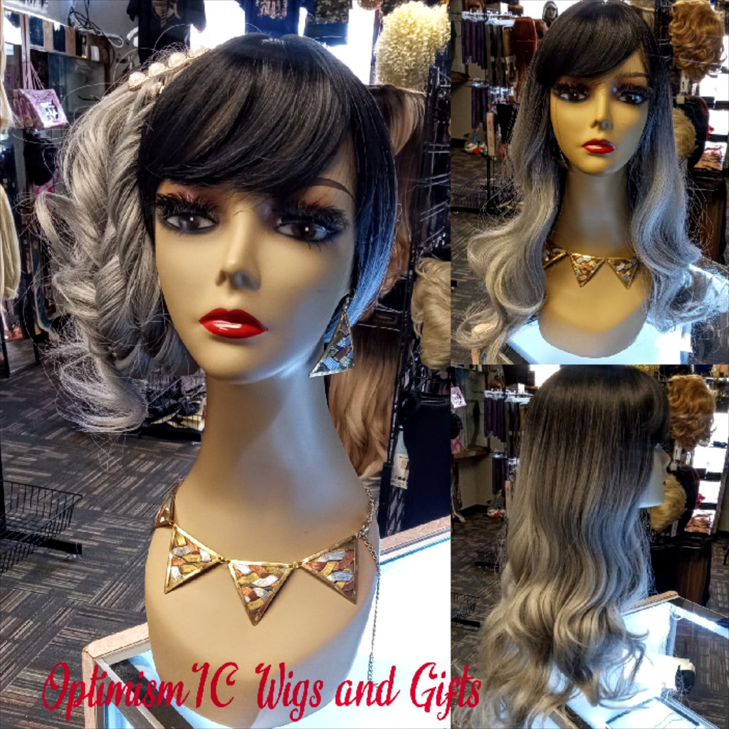 Black and white ombre Raven Wigs at OptimismIC Wigs and Gifts. Wigs stores near me, hair store nearby, lace front wigs, wig sales, wig shops st paul, gift shop++++